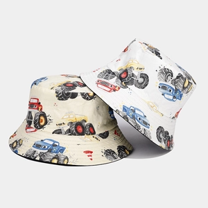 Detailed pattern of cartoon monster trucks on durable cotton canvas bucket hats