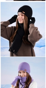 Detail of knitted winter set including beanie, scarf and gloves in black and purple colors