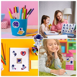 Cute astronaut stickers used on water bottles, laptops, and notebooks in a multi-scene view