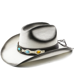 Western Cowboyhut Strohhut Sonnenhut Mit Türkis Lederband Breite Krempe Verlauf Vintage Stil Für Herren Damen