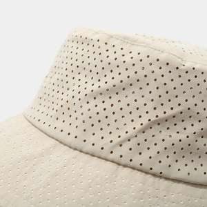 Detail of khaki outdoor sun hat featuring laser-cut ventilation holes and durable stitching
