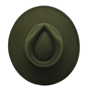 Top view of olive green wide brim felt fedora hat with teardrop crown and fine stitching