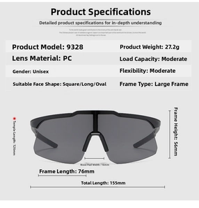 Detailed size specifications for sport cycling sunglasses including weight and dimensions