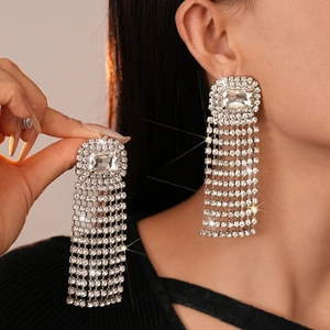 Elegant French vintage silver tassel drop earrings with sparkling rhinestone crystals
