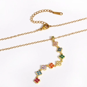 Golden stainless steel necklace with multi-colored zircon stones in a clover design