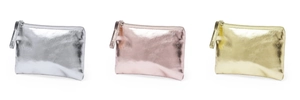 Detailed view of waterproof PU coin purses in silver, rose gold and champagne gold metallic