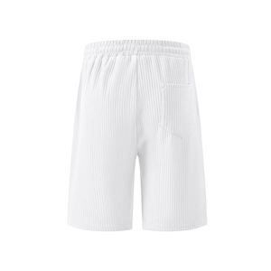 White corduroy drawstring shorts for men featuring a back pocket and elastic waist