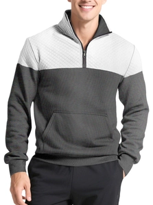 Detail of knitted texture and contrast stitching on men's quarter-zip polo sweatshirt