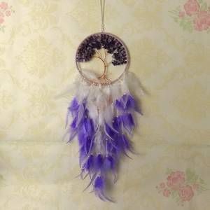 Detailed shot of Tree of Life dream catcher with purple crystal chips and soft feathers