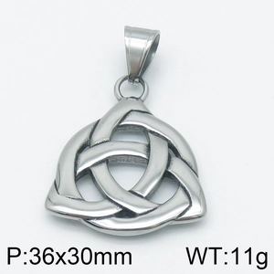 Macro view of silver Celtic knot stainless steel pendant with size and weight info