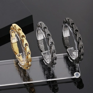 Men 18K Gold Plated Titanium Steel Chain Bracelet Hammered Texture Geometric Punk Industrial Style Vintage Jewelry