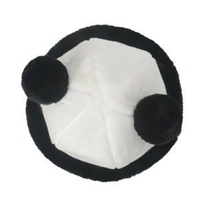 Winter panda themed plush faux fur bucket hat with black pom-poms and white crown