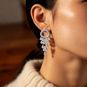 Close-up of dangling silver-tone earrings with round zircon loops and waterdrop tassels