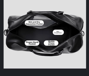 Interior detail of travel bag showing dry-wet separation and organized compartments
