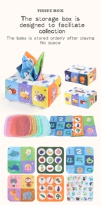 Detail of infant tissue box toy with soft educational cloth pages and colorful gauzes