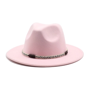 Classic pink wide brim wool felt fedora hat featuring a woven decorative band for women