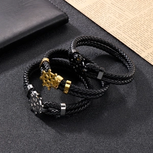 Nautical multilayer leather bracelet with stainless steel rudder charm in gold, silver, black