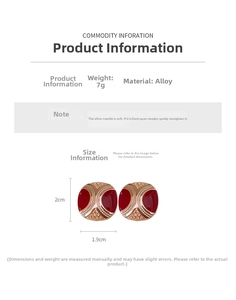 Size chart showing vintage square red enamel earrings with dimensions and 7g weight data