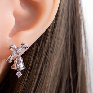 Christmas bell and bow pendant earrings in silver steel with cubic zirconia stones