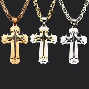 Byzantine chain necklaces with cross pendants in gold, silver, and two-tone finishes