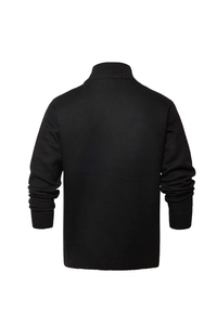 Back view of a black slim fit knit cardigan with a stand collar and fine ribbed texture