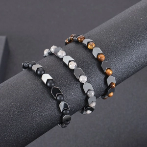 Tiger eye and black magnetic stone bead bracelets with V-shaped metal spacers