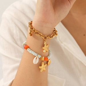 Double-layered 18k gold stainless steel bracelet with starfish, shells and blue beads