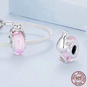 Cute pink glass cat charm in S925 sterling silver with sparkling zircon heart details
