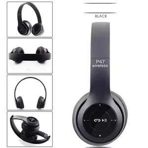 Foldable P47 black wireless Bluetooth 5.0 stereo headphones with side control buttons