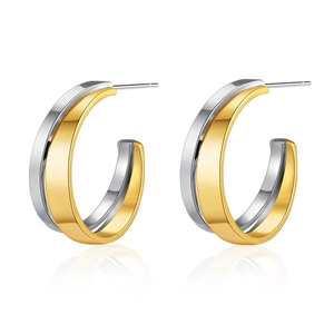 Irregular C-shaped overlapping stud earrings in polished gold and silver dual-tone finish