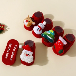 Baby Christmas Socks Combed Cotton Anti-Slip Floor Socks 3D Plush Cartoon Santa Reindeer Toddler Newborn