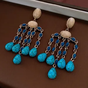 Chandelier Tassel Earrings With Silver Earring Post Alloy Faux Turquoise Resin Beads Vintage Bohemian Style For Women