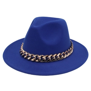 Wide Brim Fedora Hat With Thick Gold Chain Woolen Felt Jazz Cap Fashion Western Style For Men And Women