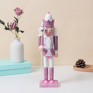 Pink glitter Christmas nutcracker wooden king soldier figure with crown and scepter