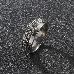Macro view of silver rotatable chain ring with Roman numerals on stainless steel band