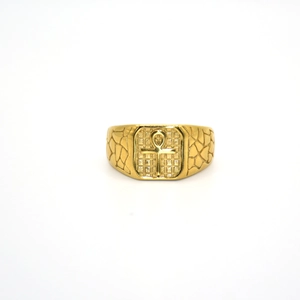 Bague Ankh en acier inoxydable plaqué or poli avec anneau à texture gravée pour femme