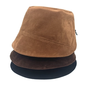 Flat-top suede bucket hats in caramel, dark brown and black with adjustable cords