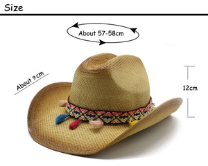 Detailed view of woven straw hat featuring colorful tribal band and vibrant tassels