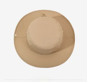 Top down view of khaki outdoor sun hat with side snaps and adjustable chin strap