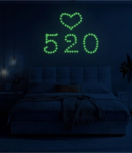 Luminous glow-in-the-dark star stickers arranged in a heart and 520 shape on a wall
