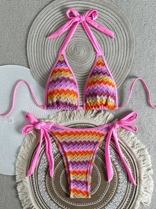 Bohemian colorful chevron halter bikini set with side tie bottoms on woven mats