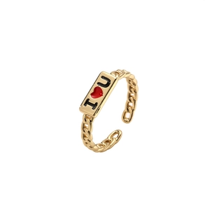 Minimalist gold chain-style open ring featuring I Love You charms and a red zircon heart