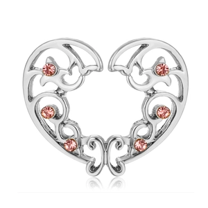 Silver heart-shaped non-piercing nipple clip with six pink rhinestones on white background