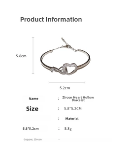 Detailed size specifications of hollow heart and infinity silver zircon cuff bracelet