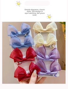 Set of eight colorful mesh bow hair clips for girls in blue yellow red and purple