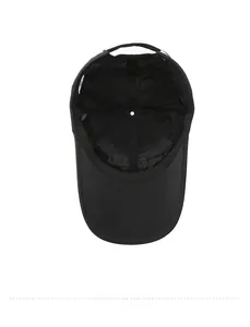 Internal view of black baseball cap showing breathable fabric and sweatband details