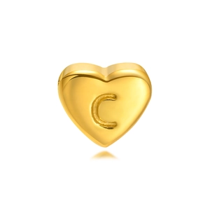 Golden heart-shaped stainless steel pendant with letter C engraving on white background