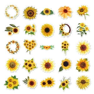 Pack of 25 vibrant sunflower stickers in various floral designs for laptop and water bottle