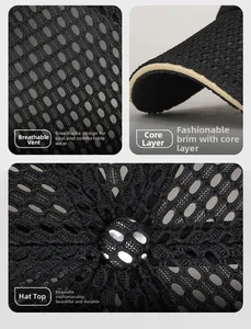 Detail of breathable honeycomb mesh material and sandwich brim on black baseball cap