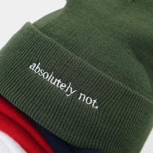 Minimalist embroidered knit beanie hat with absolutely not text in multiple colors